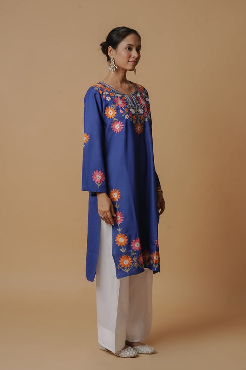 Antara Kashirmir Aari Work Long Kurta – Blue
