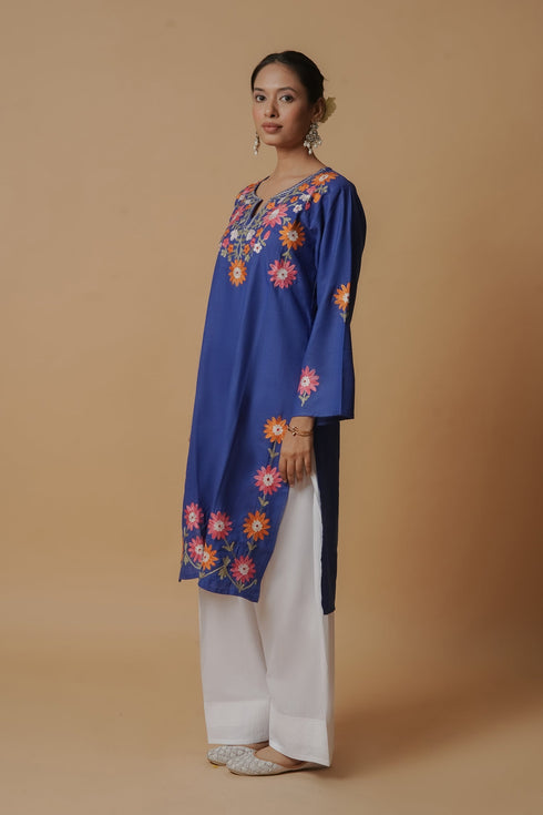Kashirmir Aari Work Long Kurta – Blue