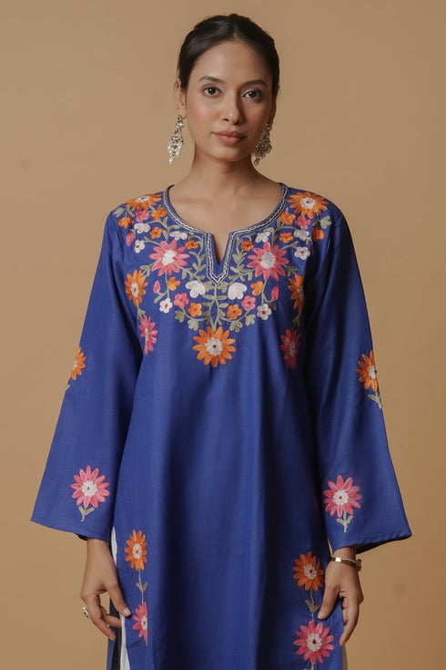 Kashirmir Aari Work Long Kurta – Blue