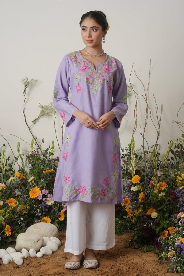 Kashirmir Aari Work Long Kurta – Lavender