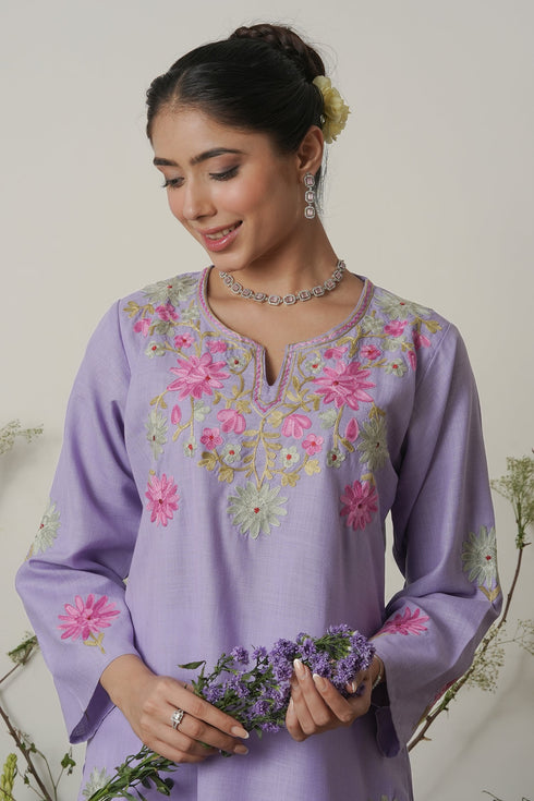 Kashirmir Aari Work Long Kurta – Lavender