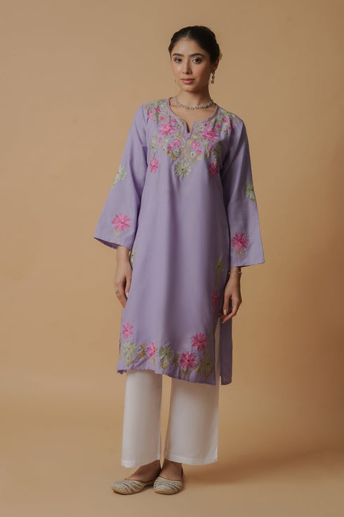 Kashirmir Aari Work Long Kurta – Lavender