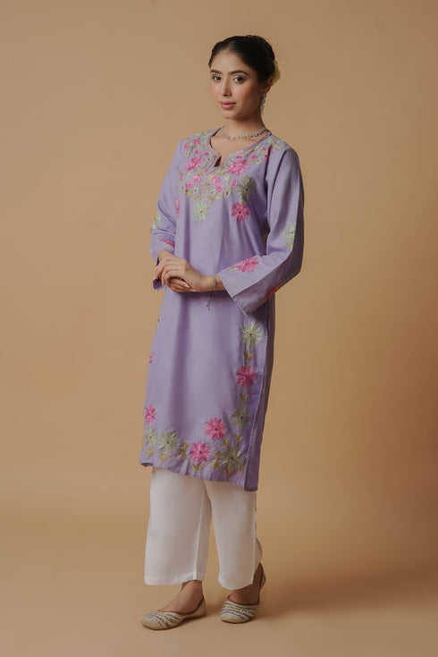 Kashirmir Aari Work Long Kurta – Lavender