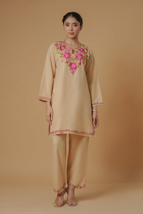 Kashmiri Aari Work Cotton Kurta Set - Beige