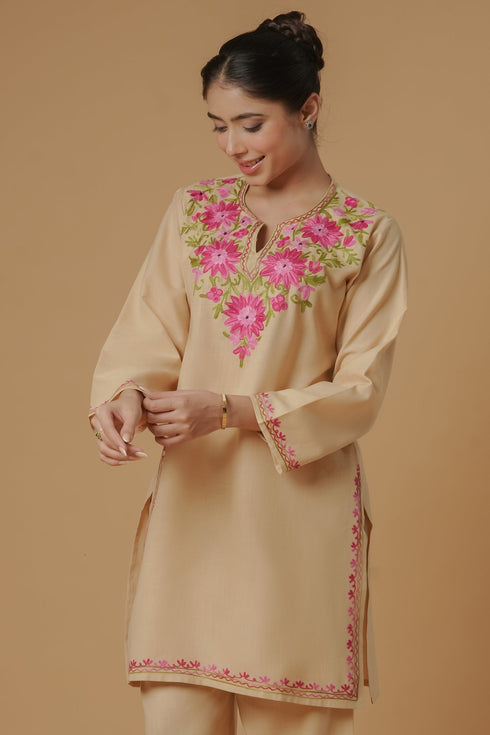 Kashmiri Aari Work Cotton Kurta Set - Beige