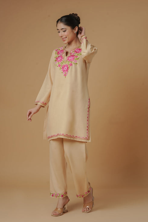 Kashmiri Aari Work Cotton Kurta Set - Beige