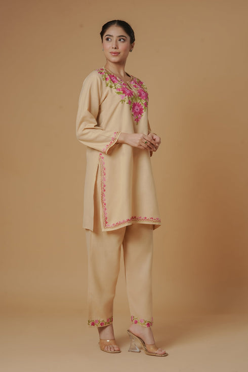Kashmiri Aari Work Cotton Kurta Set - Beige