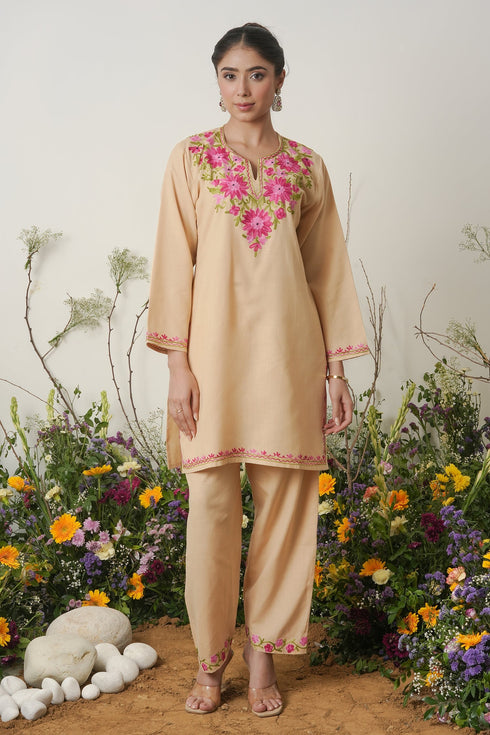 Kashmiri Aari Work Cotton Kurta Set - Beige