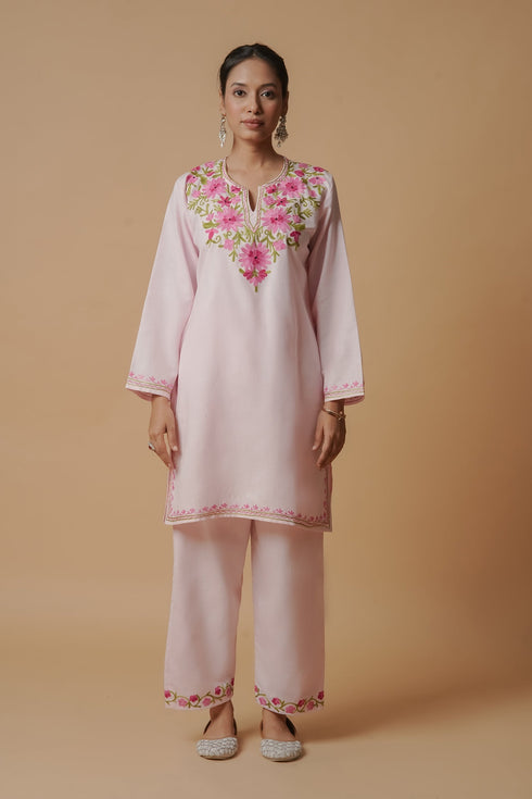 Bhavya in Kashmiri Aari Work Cotton Kurta Set - Baby Pink