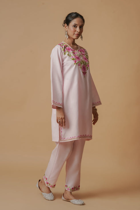 Bhavya in Kashmiri Aari Work Cotton Kurta Set - Baby Pink