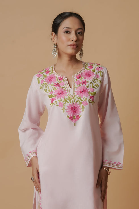 Bhavya in Kashmiri Aari Work Cotton Kurta Set - Baby Pink