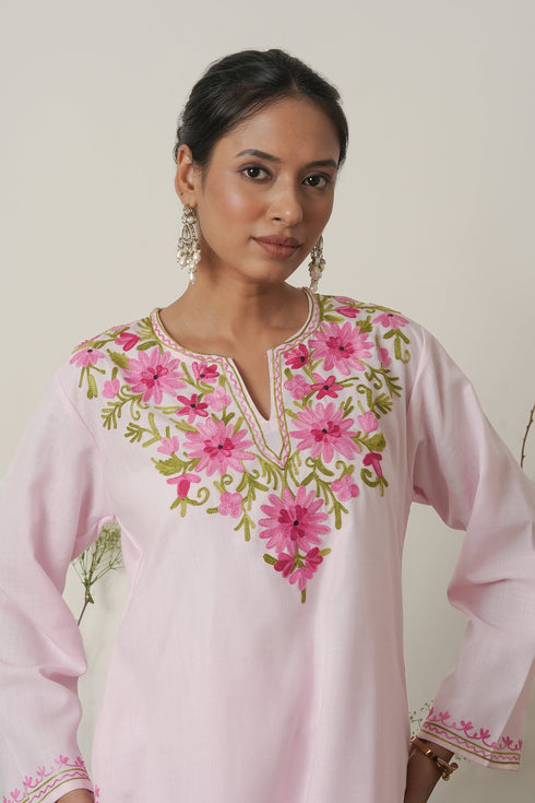 Kashmiri Aari Work Cotton Kurta Set - Baby Pink