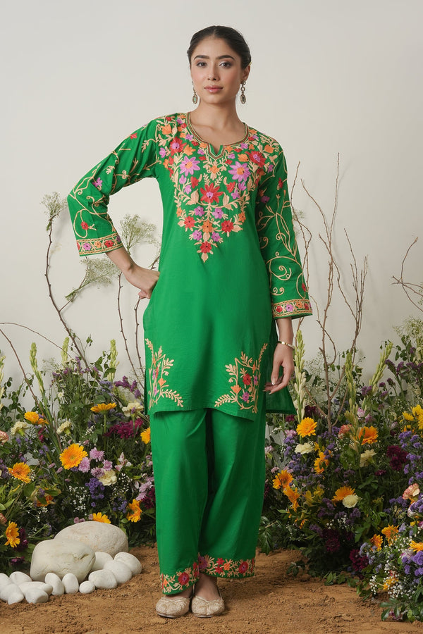 Kashmiri Aari Work Cotton Kurta with Farsi Pant - Green