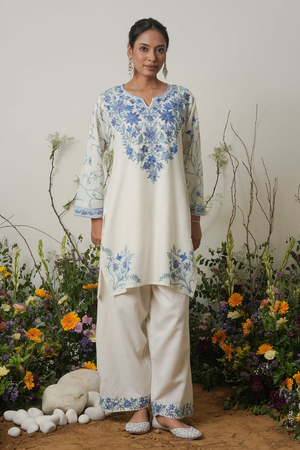 Kashmiri Aari Work Cotton Kurta with Farsi Pant - White