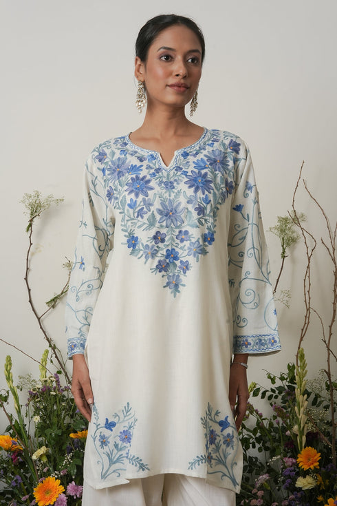 Kashmiri Aari Work Cotton Kurta with Farsi Pant - White