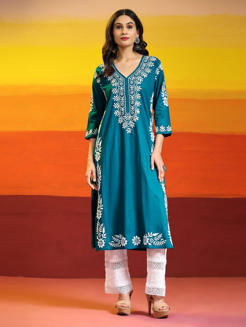 Fizaa Chikankari Long Kurta in Cotton for Women- Turquoise Blue