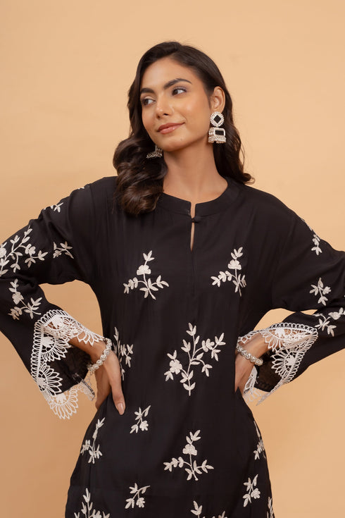 Saba Zari Work Long Kurta In Muslin - Black