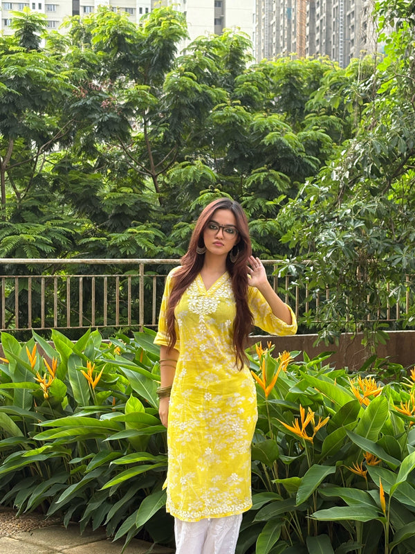 Ishita in Mul Cotton Chikankari Long Kurta in Yellow