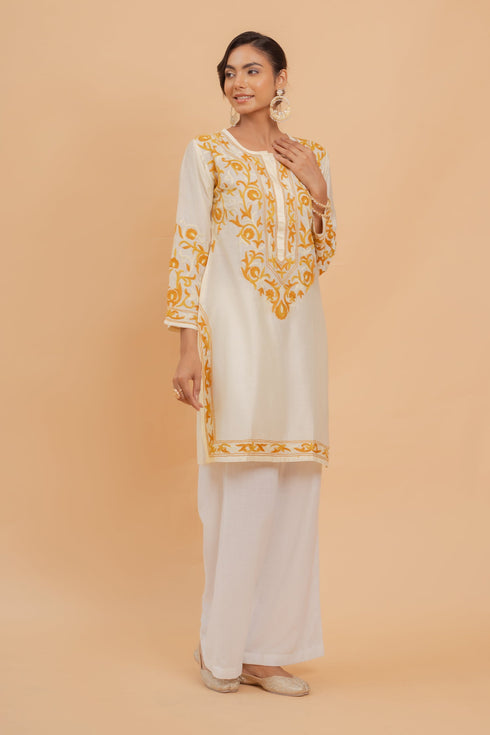 Falak Kashmiri Long Kurta In Chanderi Silk With Yellow Embroidery