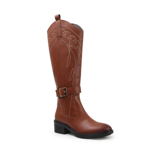 Women's Tall Embroidered Knee-High Riding Style with Western Boot Buckle Detail