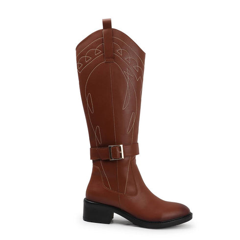 Women's Tall Embroidered Knee-High Riding Style with Western Boot Buckle Detail