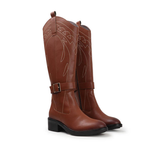 Women's Tall Embroidered Knee-High Riding Style with Western Boot Buckle Detail