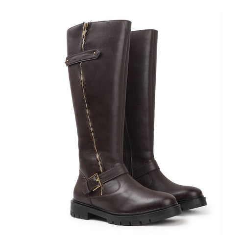 Women's Tall Zipper Accent Riding Boot Buckled Knee-High Fashion Footwear