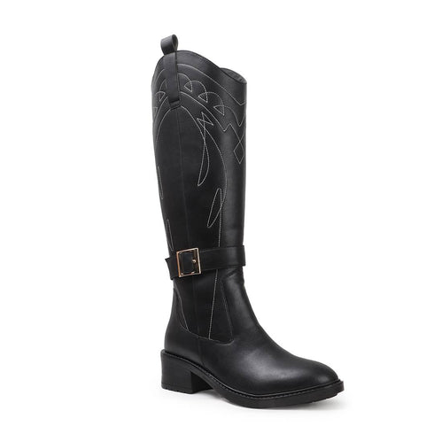 Women's Tall Embroidered Knee-High Riding Style with Western Boot Buckle Detail