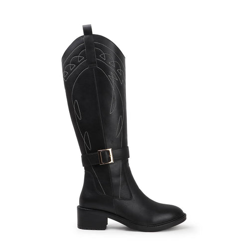 Women's Tall Embroidered Knee-High Riding Style with Western Boot Buckle Detail