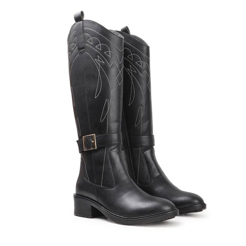 Women's Tall Embroidered Knee-High Riding Style with Western Boot Buckle Detail