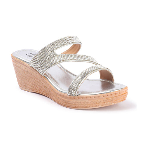 Women's Metallic Glitter Wedge Slide Sandals