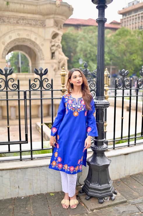 Antara Kashirmir Aari Work Long Kurta – Blue