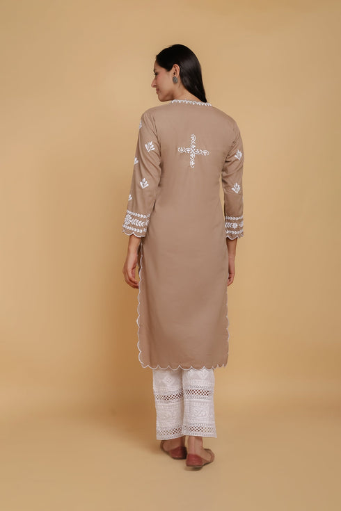 Saba Chikankari Long Kurta In Cotton - Brown