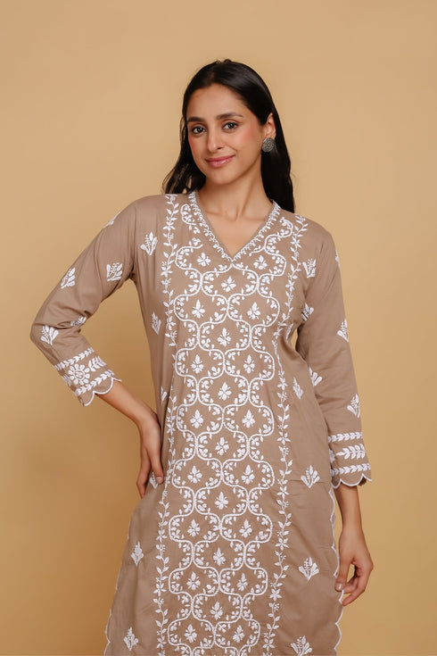 Saba Chikankari Long Kurta In Cotton - Brown