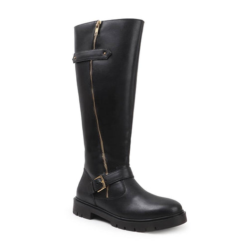 Women's Tall Zipper Accent Riding Boot Buckled Knee-High Fashion Footwear