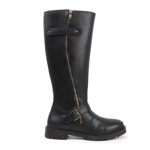 Women's Tall Zipper Accent Riding Boot Buckled Knee-High Fashion Footwear