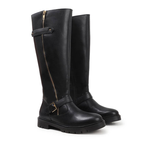 Women's Tall Zipper Accent Riding Boot Buckled Knee-High Fashion Footwear