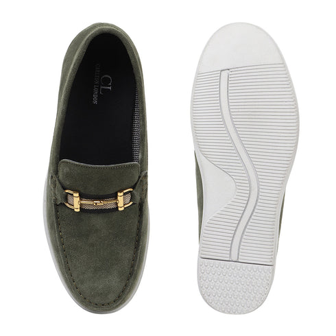 Men's Buckle Accent Driving Leather Loafer with Suede Finish