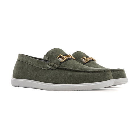 Men's Buckle Accent Driving Leather Loafer with Suede Finish