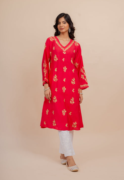 Saba Modal Silk Kurta In Red With Gold Zari Embroidery