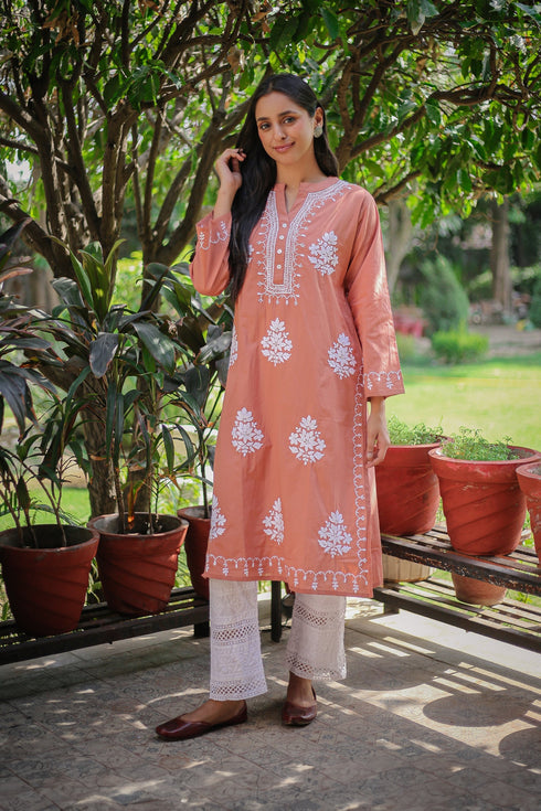 Saba Chikankari Long Kurta In Cotton - Orange