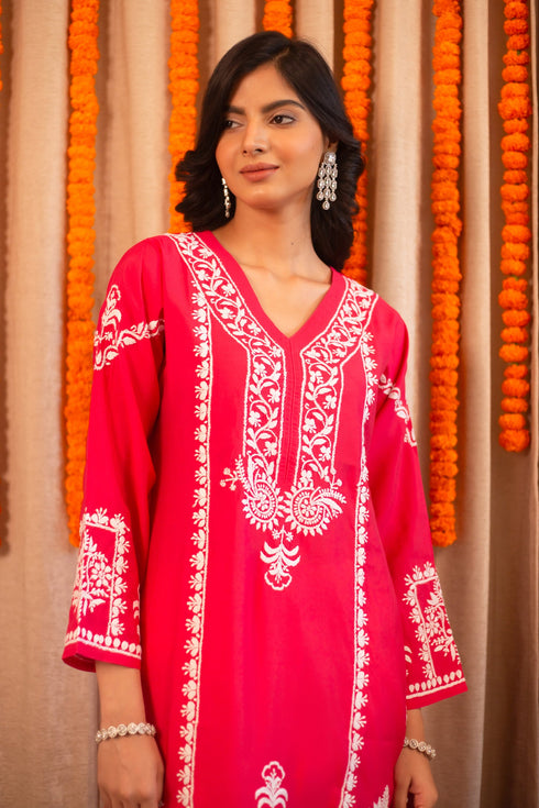 Saba Chikankari Long Kurta In Muslin - Pink