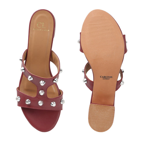 Women's Low Block Heel Sandals with Silver Stud Accents