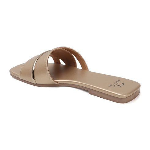 Women's Metallic Gold Crisscross Strap Flat Slide Sandals