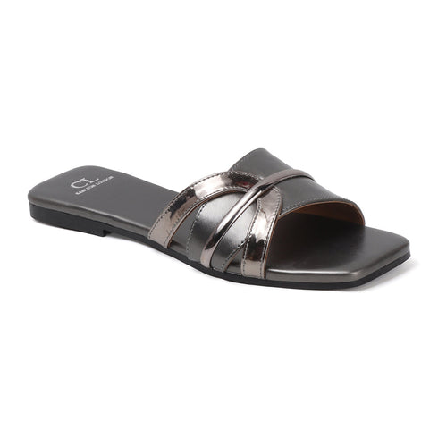 Women's Metallic Gold Crisscross Strap Flat Slide Sandals