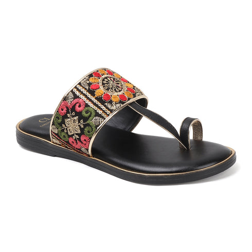 Women's Flat Toe-Ring Sandals with Black Multicolored Floral Embroidery