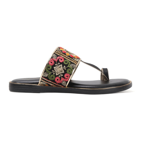 Women's Flat Toe-Ring Sandals with Black Multicolored Floral Embroidery