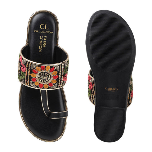 Women's Flat Toe-Ring Sandals with Black Multicolored Floral Embroidery