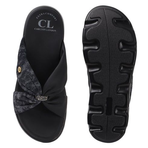 Women's Comfort Knit Knot Strap Embellished Slide Sandal