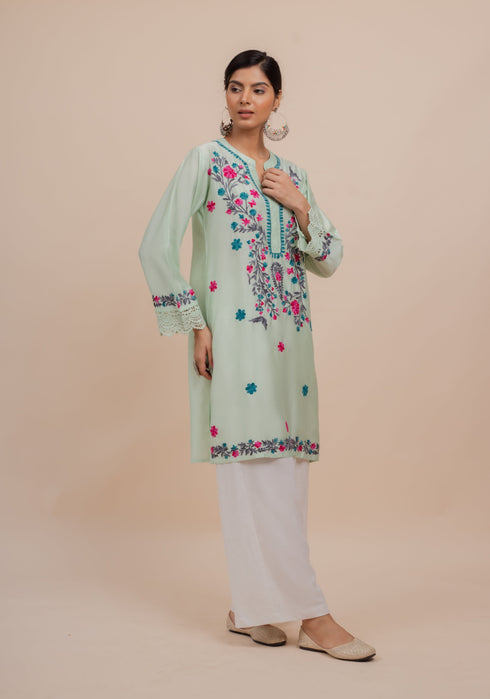 Falak Kashmiri Long Kurta In Turquoise Green Chanderi Silk With Aari